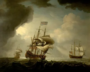 Drei englische Kriegsschiffe setzen bei frischer Brise die Segel